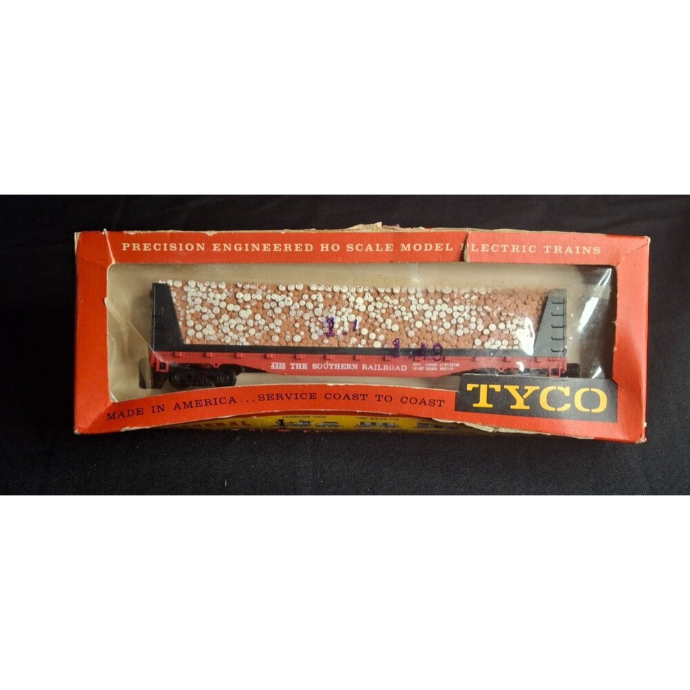 TYCO HO Scale Southern Railway 50' Flat Car w/ Pulpwood Load – Boxed – Vintage